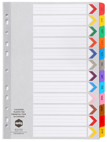 DIVIDER A4 FINANCIAL YEAR MYLAR COLOURED #35039 (price excludes GST)