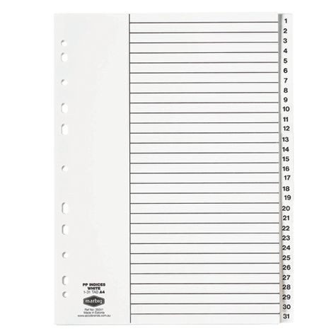 PVC DIVIDER A4 1-31 WHITE #35041 (price excludes GST)