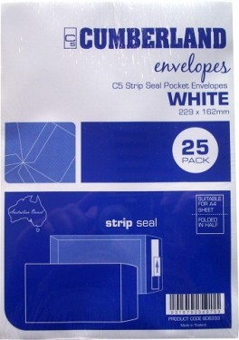ENVELOPES WHITE C5 229 x 162 Peel-n-Seal (PKT 25) 906333 (price excludes gst)