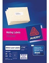 AVERY LASER LABELS L7160 21up 63.5mm x 38.1mm 952000 - Pkt 20 Sheets