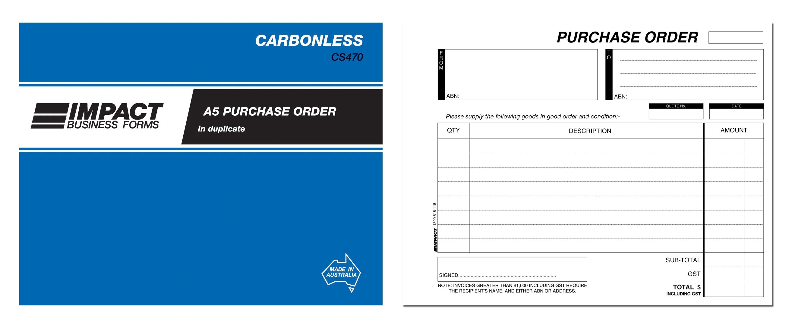 IMPACT CARBONLESS PURCHASE ORDER BOOK LANDSCAPE A5 DUP. CS-470 (price excludes gst)
