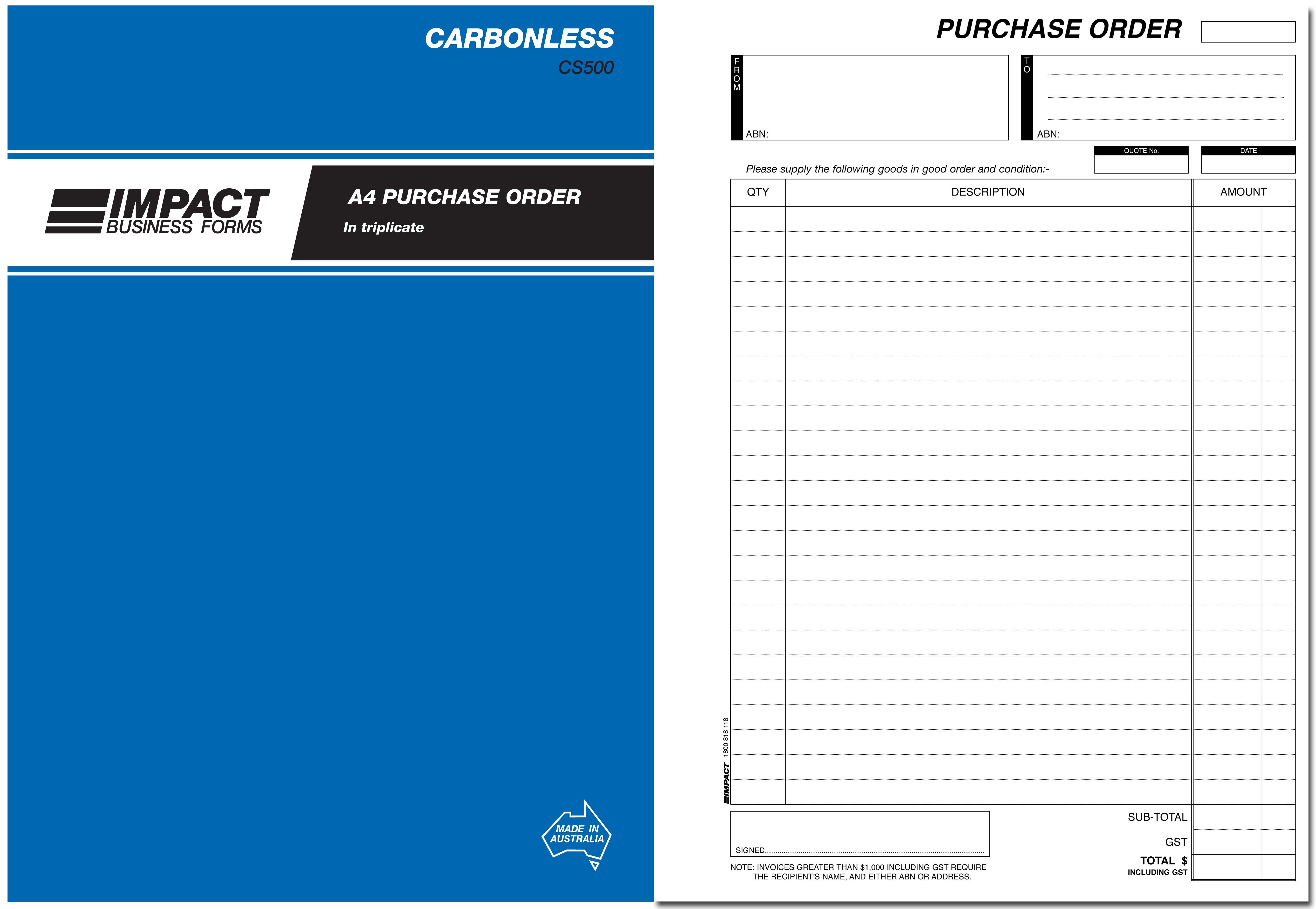 IMPACT CARBONLESS PURCHASE ORDER BOOK A4 TRIP. CS-500 (price excludes gst)