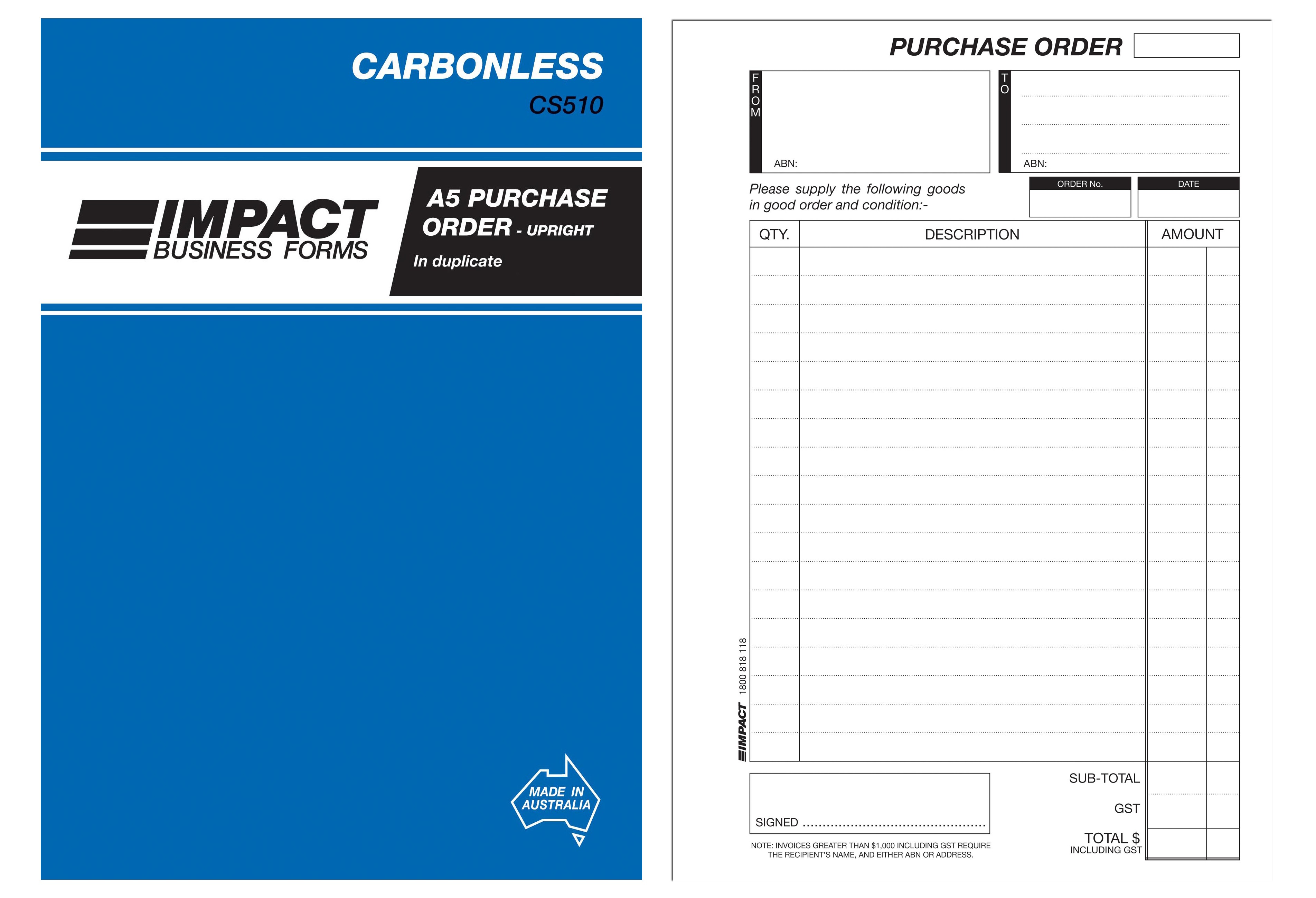 IMPACT CARBONLESS PURCHASE ORDER BOOK UPRIGHT A5 DUP. CS-510 (price excludes gst)