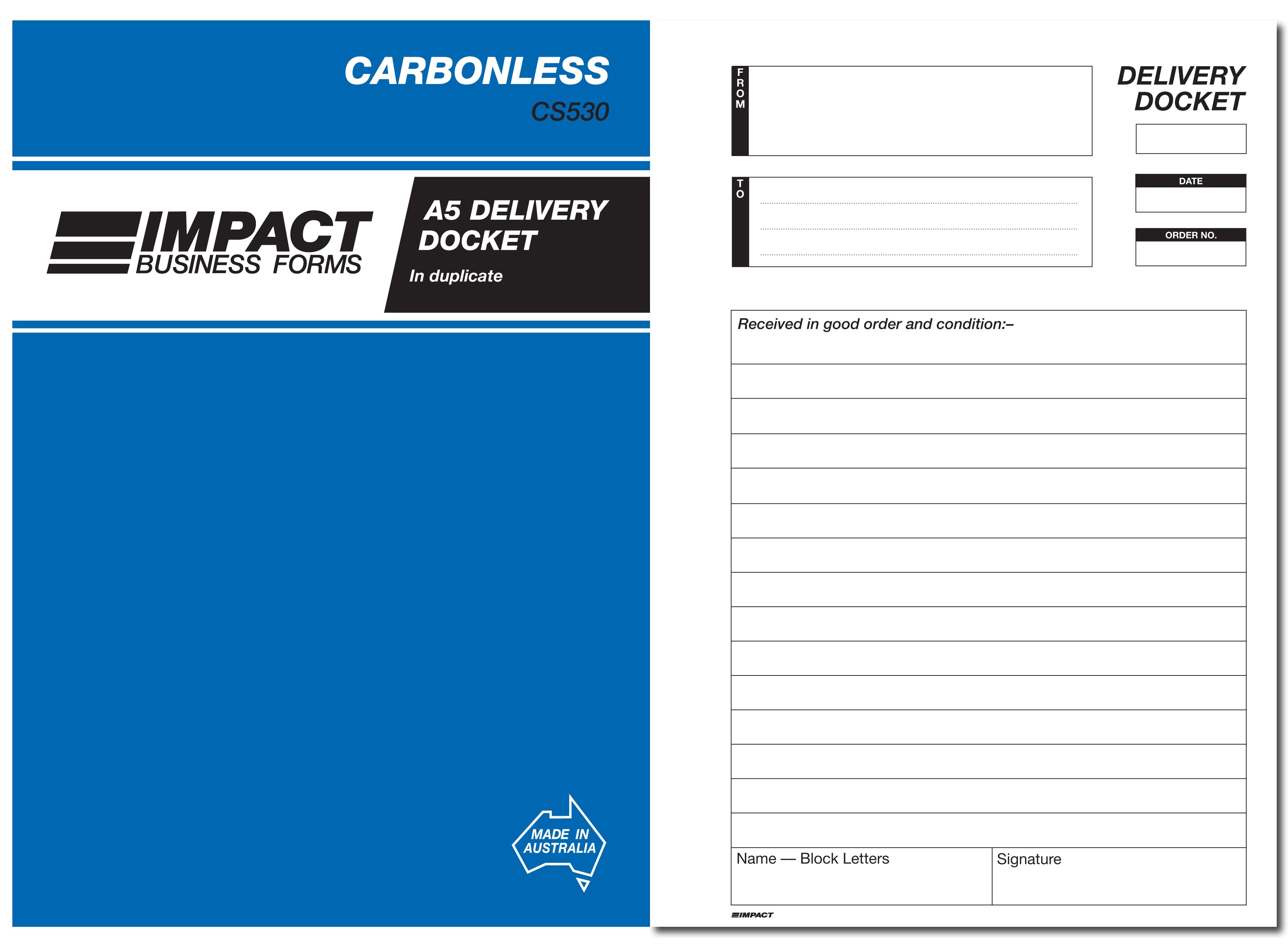 IMPACT CARBONLESS DELIVERY DOCKET BOOK A5 DUP. CS-530 (price excludes gst)