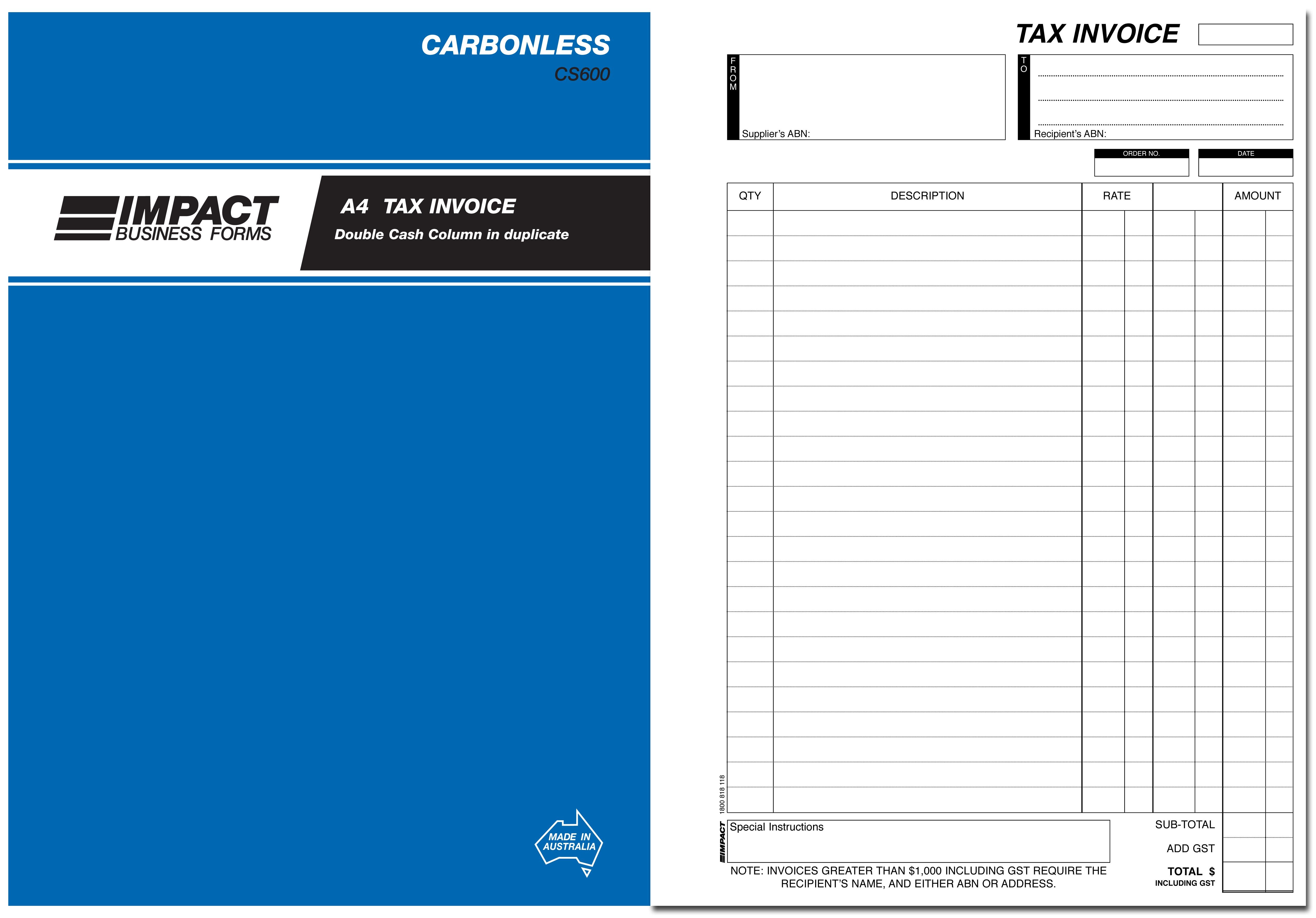 IMPACT CARBONLESS TAX INVOICE BOOK A4 DUP. CS-600 (price excludes gst)