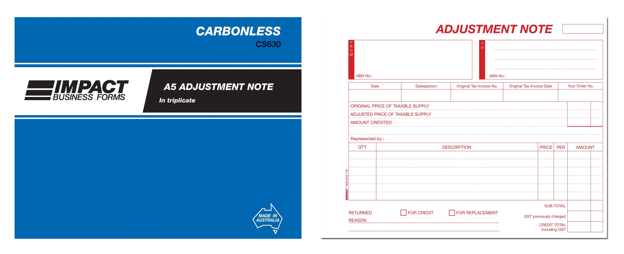 IMPACT CARBONLESS ADJUSTMENT BOOK A5 TRIP. CS-630 (price excludes gst)