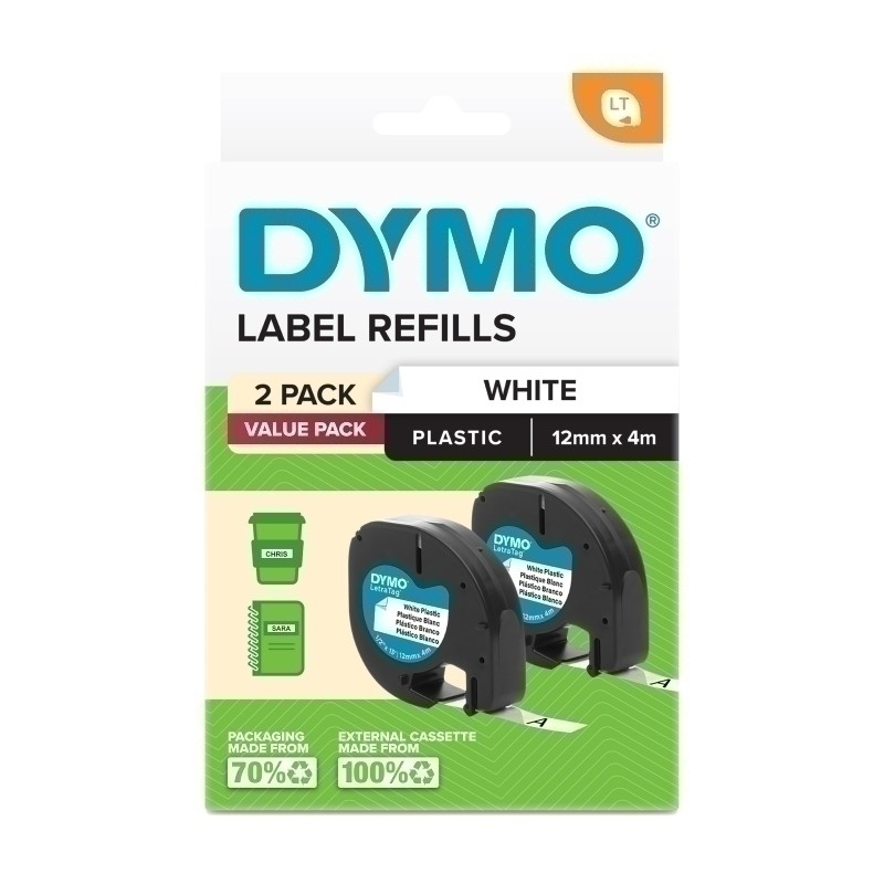 DYMO LetraTag PLASTIC LABEL TAPE 12mm BLACK ON WHITE 2191235 - Pkt 2