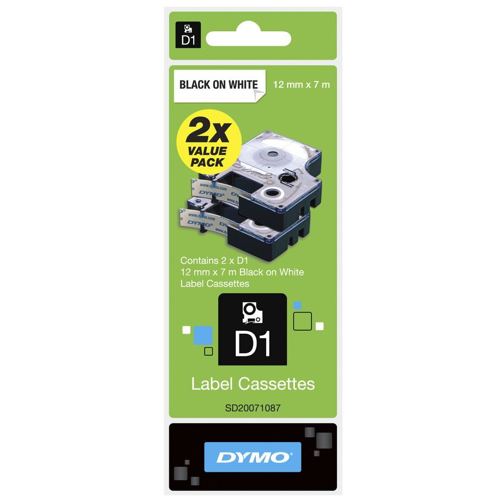 DYMO D1 TWIN PACK LABEL TAPE 12mm 45013 BLACK ON WHITE