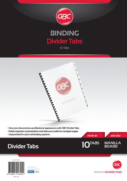 GBC UNPUNCHED TAB DIVIDERS 10 TAB A4 WHITE (price excludes gst)