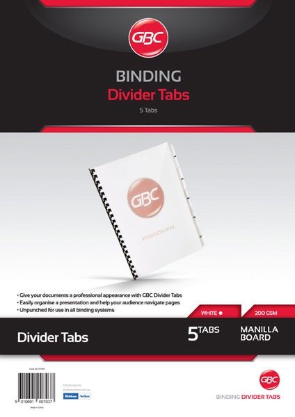 GBC UNPUNCHED TAB DIVIDERS 5 TAB A4 WHITE (price excludes gst)