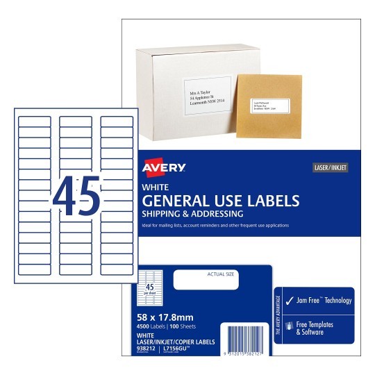 AVERY GENERAL USE LABELS L7156GU 45up 58mm x 17.8mm 938212 - Box 100 Sheets