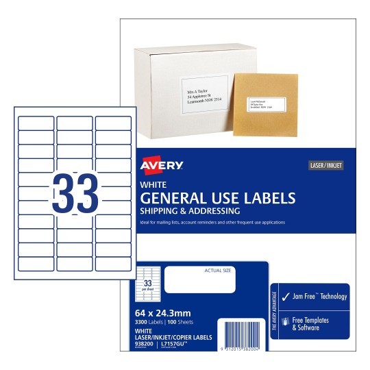 AVERY GENERAL USE LABELS L7157GU 33up 64mm x 24.3mm 938200 - Box 100 Sheets