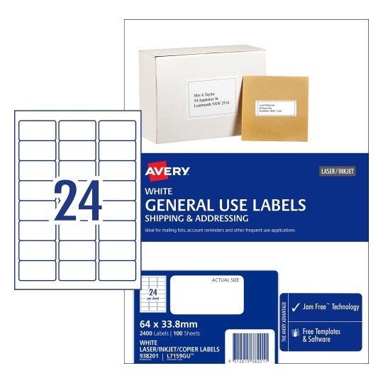 AVERY GENERAL USE LABELS L7159GU 24up 64mm x 33.8mm 938201 - Box 100 Sheets