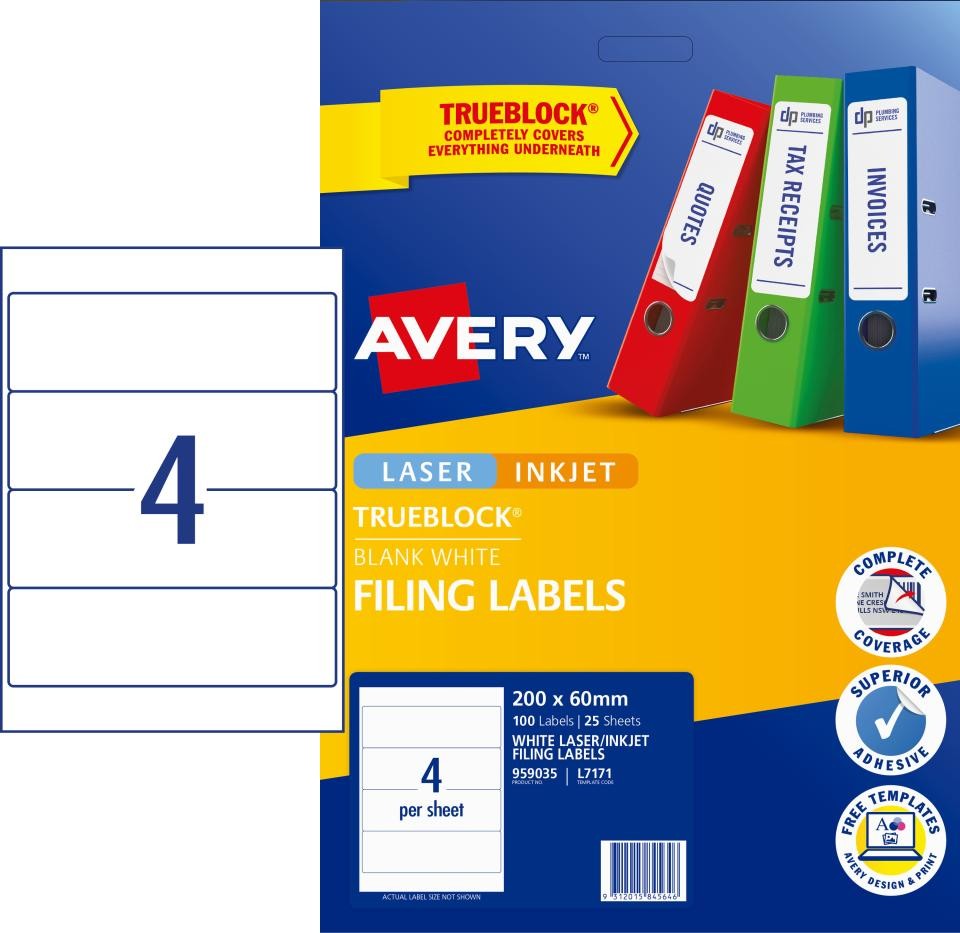 AVERY L7171 LEVER ARCH FILING LABEL 200mm x 60mm 959035 - Pkt 25