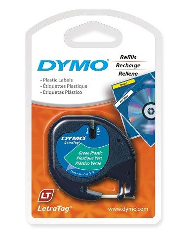 DYMO LetraTag PLASTIC LABEL TAPE 12mm BLACK ON GREEN 91204 (price excludes gst)