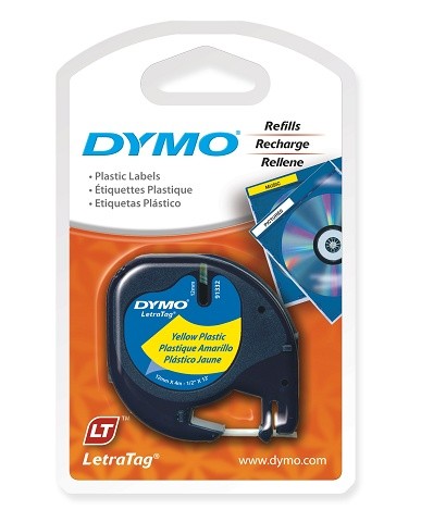 DYMO LetraTag PLASTIC LABEL TAPE 12mm BLACK ON YELLOW 91332