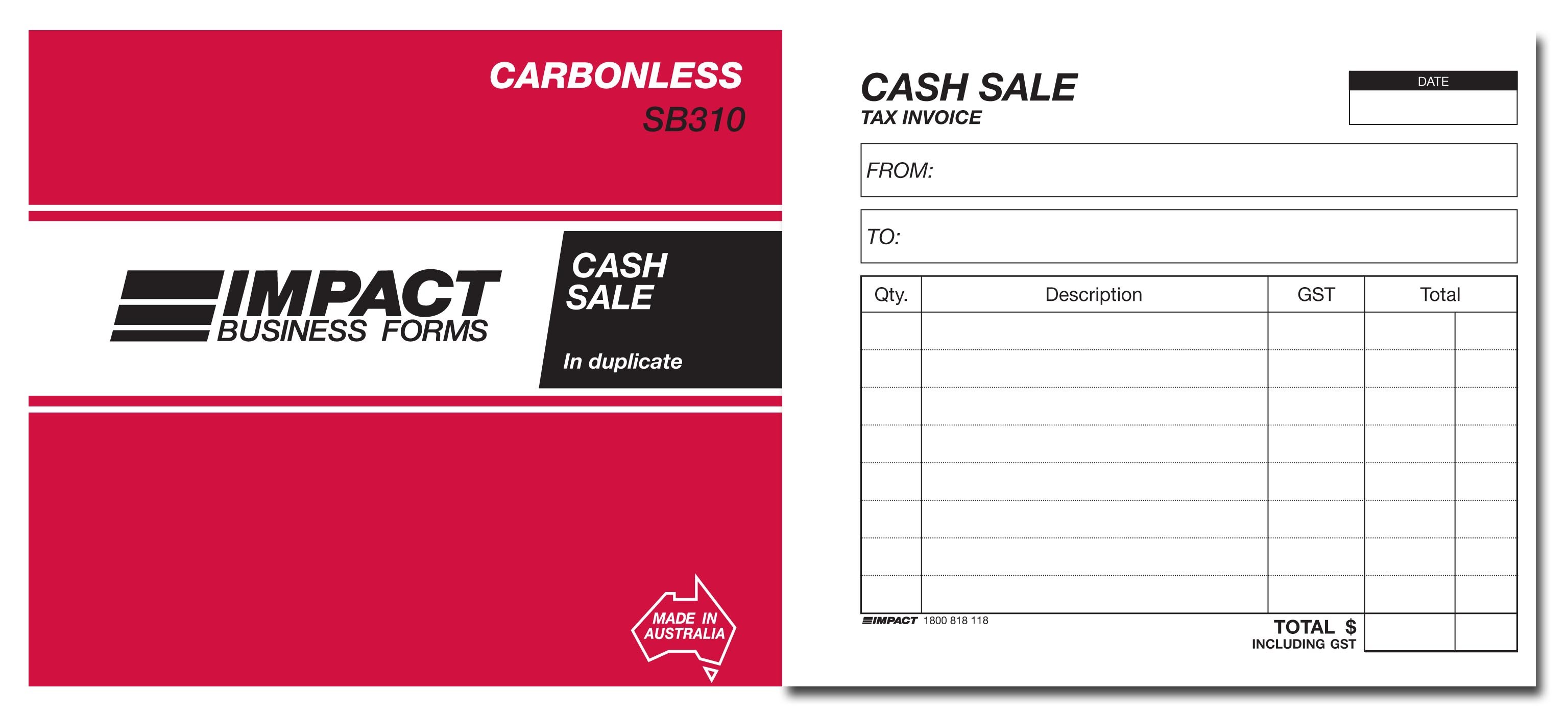 IMPACT CARBONLESS CASH SALE TAX INVOICE BOOK DUP. (5x4) SB-310 (price excludes gst)