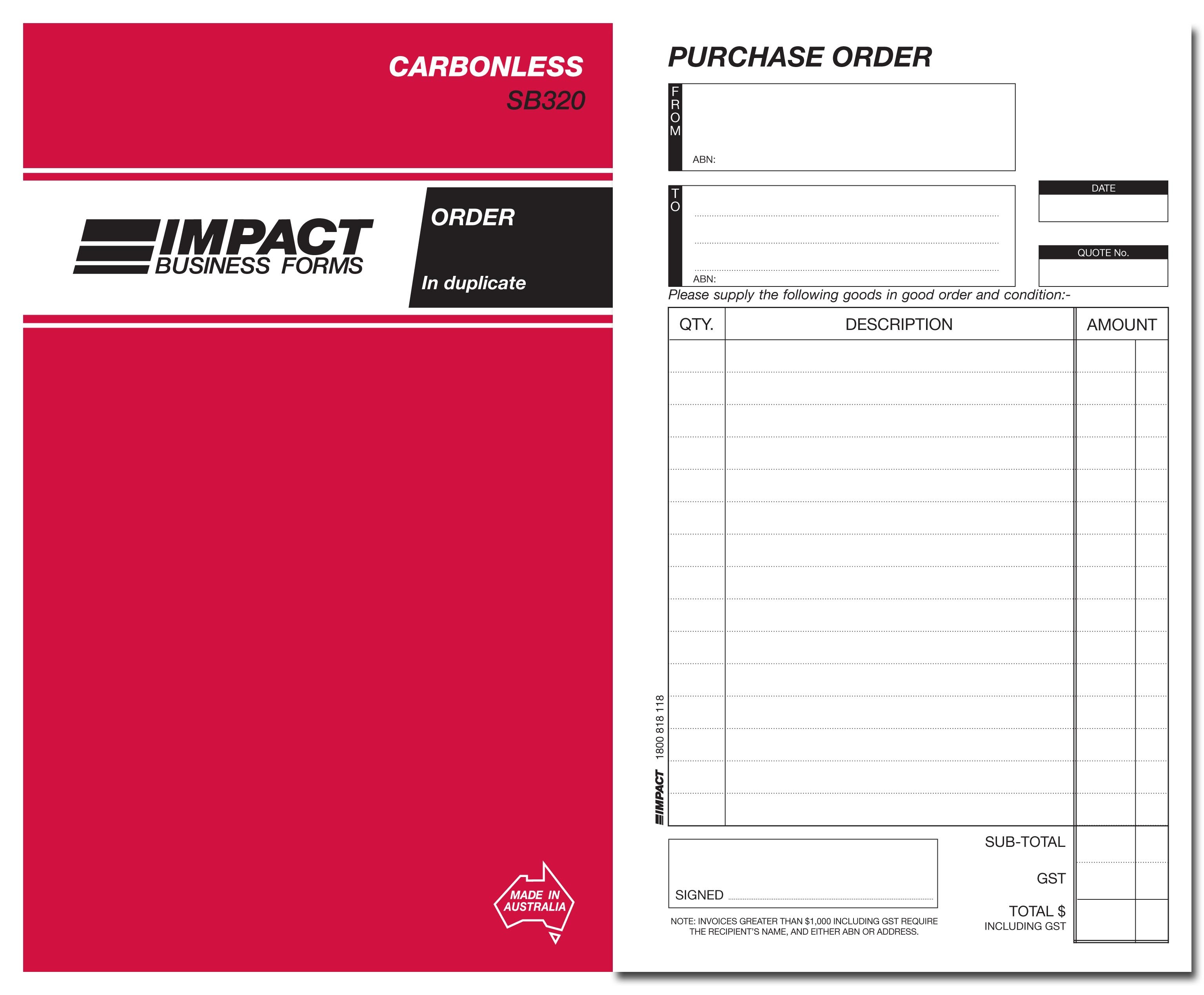 IMPACT CARBONLESS PURCHASE ORDER BOOK DUP. (8x5) SB-320 (price excludes gst)