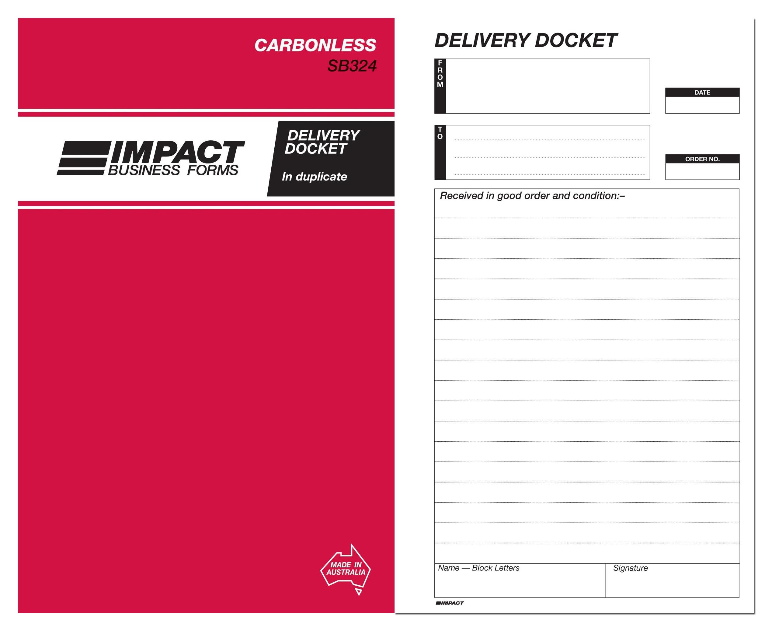 IMPACT CARBONLESS DELIVERY BOOK DUP. (8x5) SB-324 (price excludes gst)